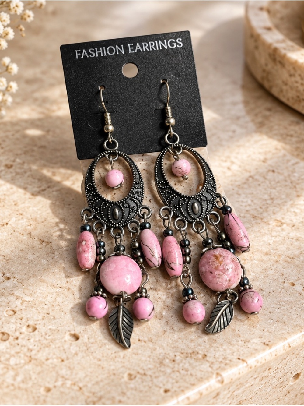 Fashion Jewelry Pink Beaded Dangle Earrings